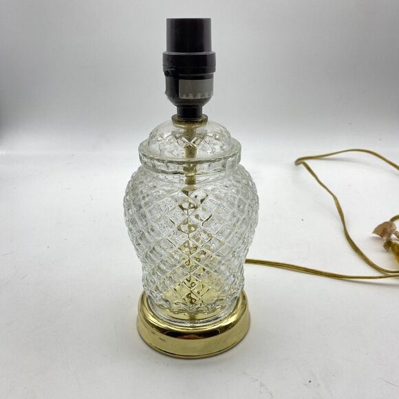 Vtg Table Lamp Chunky Diamond Glass Clear Brass Insert & Base No Shade 90s Y2K - Picture 2 of 13